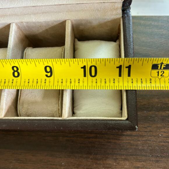 Vintage Brown Faux Leather 6 Slot Watch Box with Glass Lid and Cushions - Picture 10 of 16